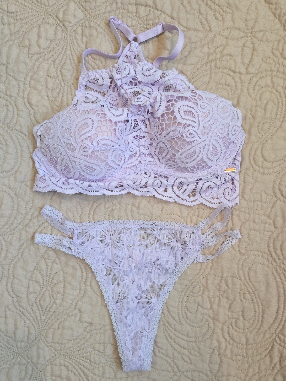 PINK Victoria's Secret Lavender Lace High-Neck Bralette & Thong Set